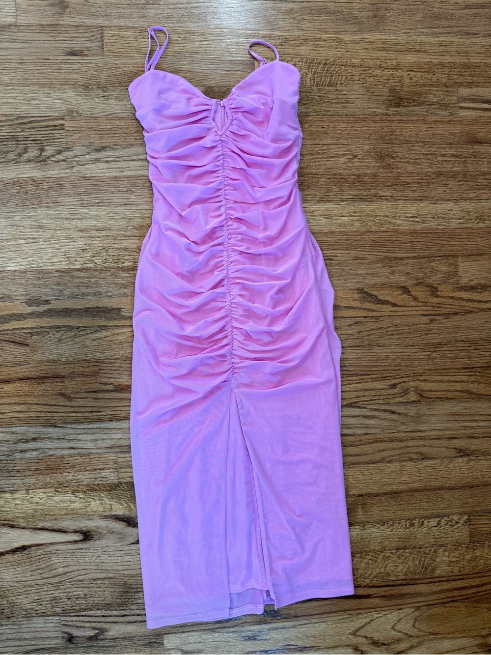 ASTR the Label Ruched Pink Midi Dress with Spaghetti Straps
